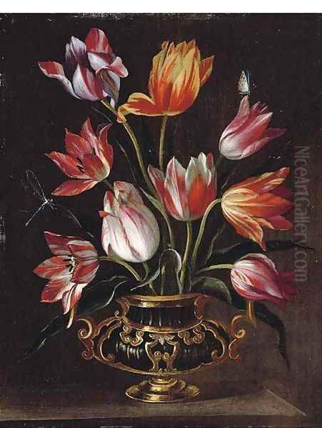 Parrot tulips in an urn with a dragonfly and a butterfly on a stone ledge Oil Painting by Abraham Brueghel