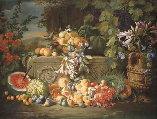 A watermelon, cherries, peaches, apricots, plums, pomegranate and figs with lilies, roses, morning glory and other flowers on an acanthus stone relief Oil Painting by Abraham Brueghel