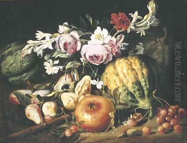 Melons, figs, cherries, a pomegranate and mixed flowers in a clearing Oil Painting by Abraham Brueghel