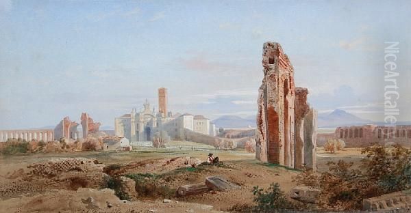 Vue De L'eglise Santa Croce Gerusalemme Avec L'aqueduc Claudien A Rome Oil Painting by Jean Achille Benouville