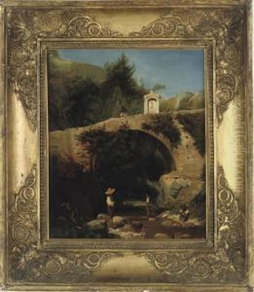 Children Paddling In A Stream Below A Bridge And A Shrine Oil Painting by Jean Achille Benouville