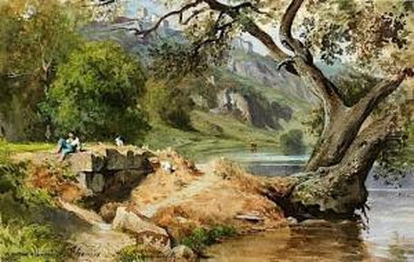 Jeune Ptre Se Reposant Sur La Berge Oil Painting by Jean Achille Benouville