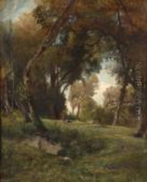 Parklandschaft Mit Personenstaffage. Oil Painting by Jean Achille Benouville