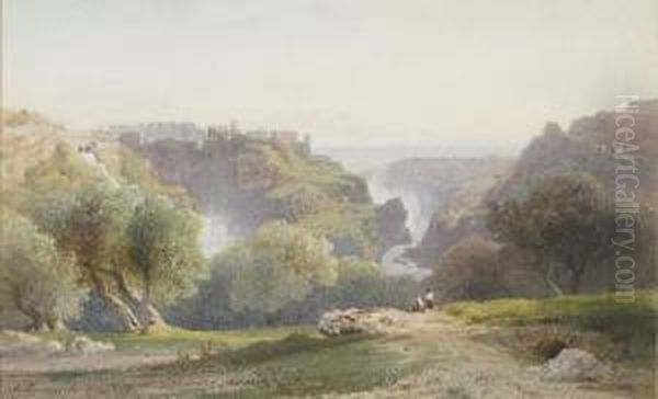 Les Chutes De Tivoli, Deux Personnages Assis Au Premier Plan Oil Painting by Jean Achille Benouville