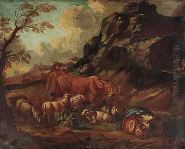 A mountainous landscape with a herdsman in the foreground Oil Painting by Domenico Brandi