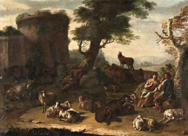 Cows, sheep, and other farm animals resting in a landscape, with a courting couple and a sleeping shepherd, a ruin beyond Oil Painting by Domenico Brandi