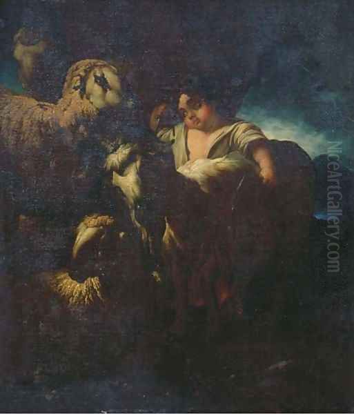 A shepherd and his flock in a moonlit landscape Oil Painting by Domenico Brandi