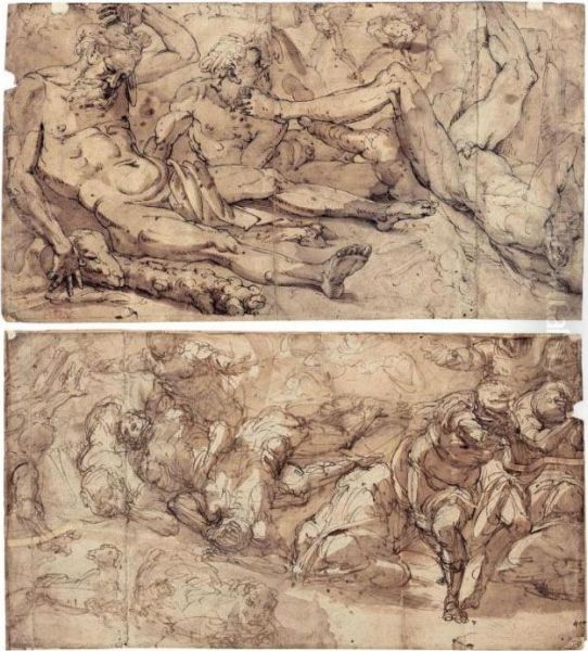 Recto : A Battle Scene; Verso : 
Three Figures, After The Ceiling Decoration Of The Salone Dei Giganti In
 Palazzo Doria Oil Painting by Giulio Benso