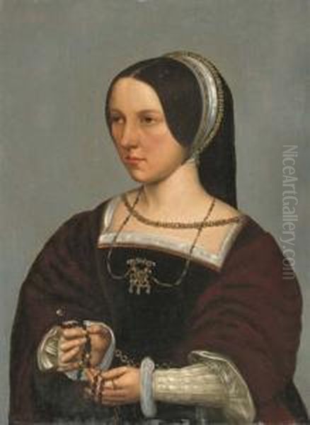 Portrait Of Elisabeth Donche, 
Half-length, In A Brown Velvet Dress With Fur Sleeves, A Rosary In Her 
Hands Oil Painting by Ambrosius Benson