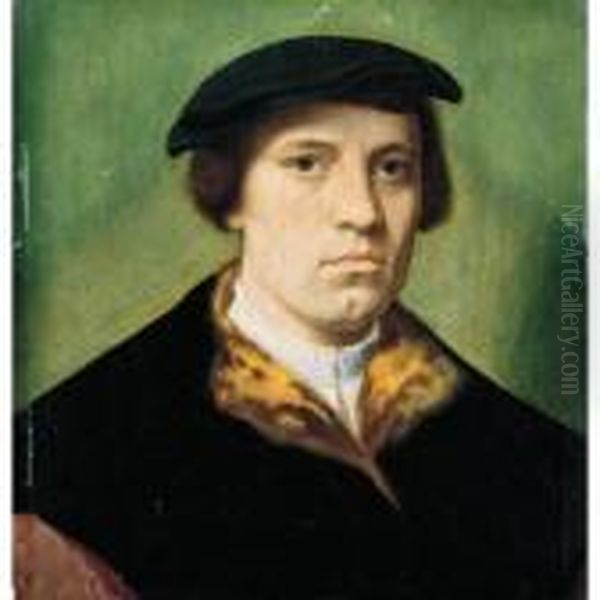 A Portrait Of A Gentleman, Head 
And Shoulders, Wearing A White Shirt And A Black Fur-lined Coat Oil Painting by Ambrosius Benson