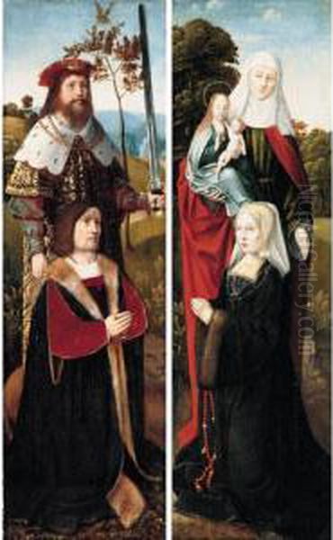 Saint Adrian With A Male Donor; Saint Anne With The Virgin And Child And A Female Donor Oil Painting by Ambrosius Benson