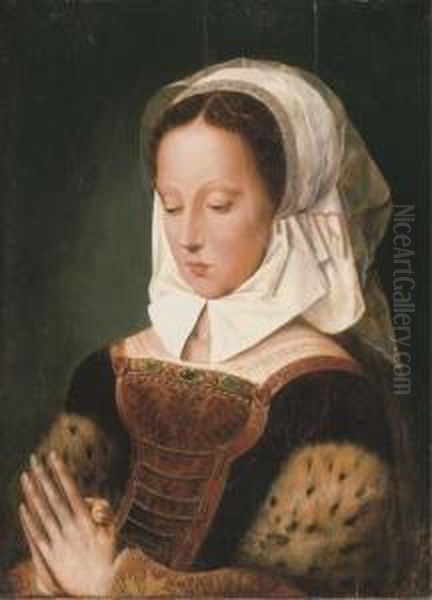 A Sibyl, Half-length, In A 
Fur-trimmed Black And Gold Embroidereddress And White Headdress Oil Painting by Ambrosius Benson