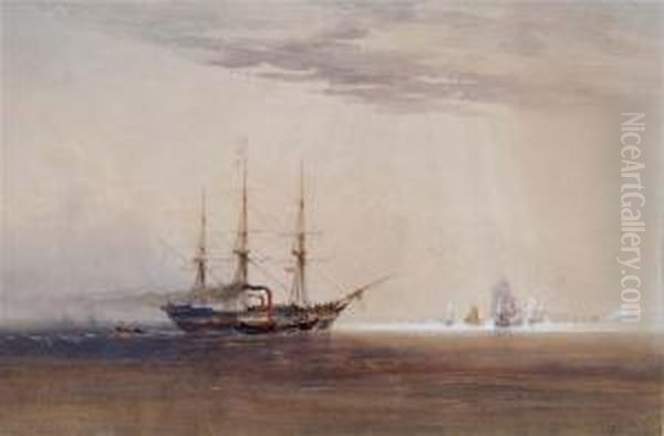 A Three Masted Sailing Vessel 
And Paddle Steamer In Calm Waters With Further Shipping In The Distance Oil Painting by Charles Bentley