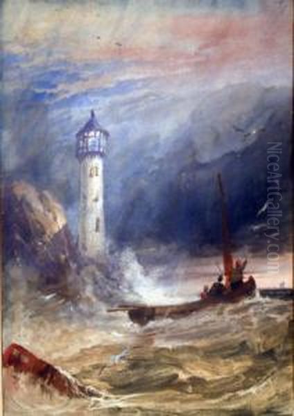 Fishing Boat By A Light House Oil Painting by Charles Bentley