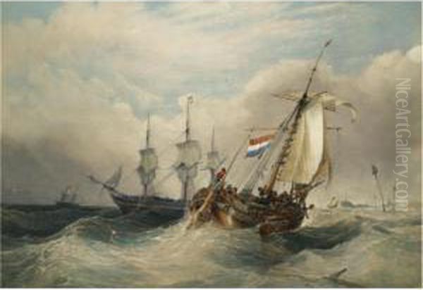 A Dutch Fishing Vessel In Choppy Waters With Other Shipping Off The Coast Oil Painting by Charles Bentley