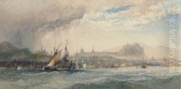 A Stiff Breeze Off Leith With A Panorama Of Edinburgh Beyond Oil Painting by Charles Bentley