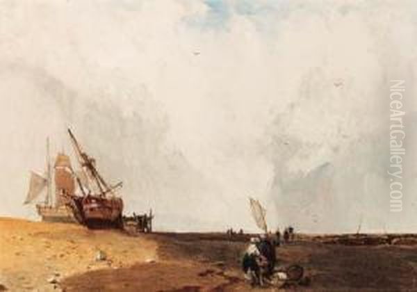 Fishing Vessels, With Fisherfolk In The Foreground Oil Painting by Charles Bentley