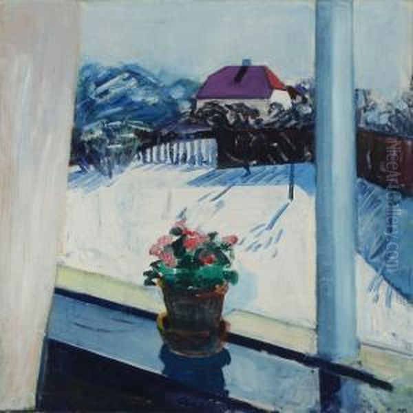 Winter Scenery With Viewfrom A Window Oil Painting by Axel Bentzen