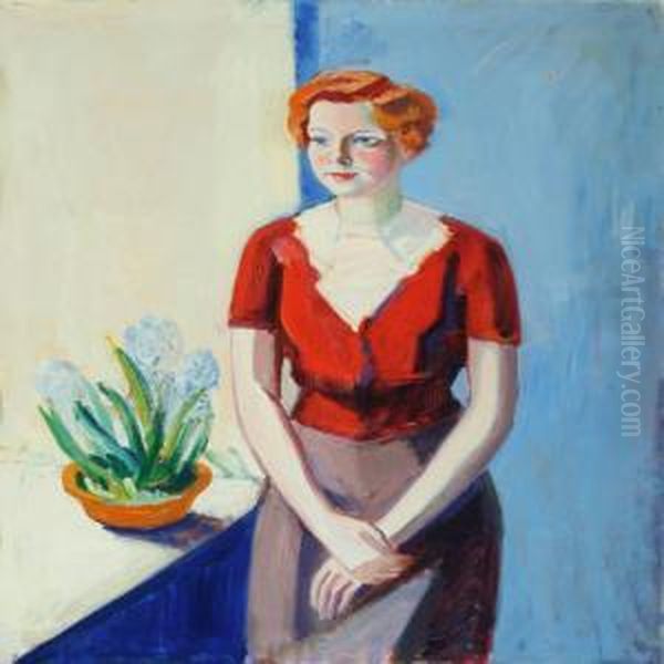 Portrait Of Woman In Redcardigan At A Window Oil Painting by Axel Bentzen