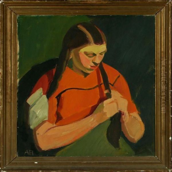 Young Girl Plaiting Herhair by Axel Bentzen