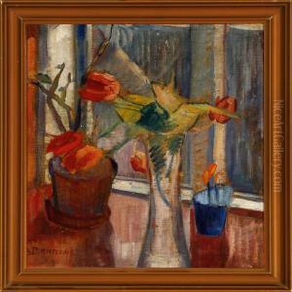 Tulips On A Table Oil Painting by Axel Bentzen