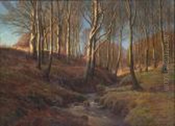 A Stream Flowing Through A Wooded Glade Oil Painting by Fritz Johannes Bentzen-Bilkvist