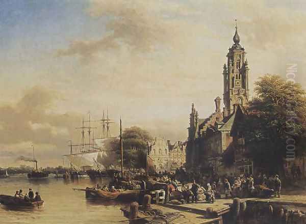 Numerous townsfolk on a quay, Middelburg 1852 Oil Painting by Elias Pieter van Bommel