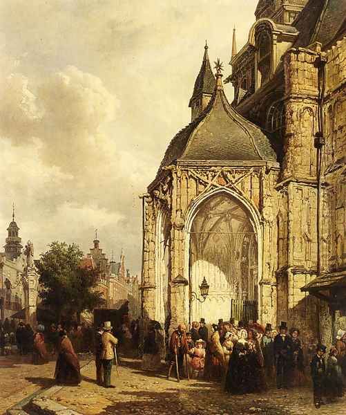 Figures At The Entrance Of The St. Stevens Church, Nijmegen Oil Painting by Elias Pieter van Bommel