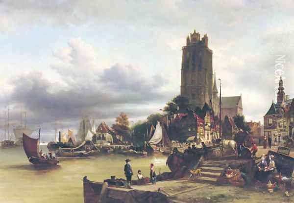 A view of Dordrecht harbour with the Grote Kerk in the background Oil Painting by Elias Pieter van Bommel