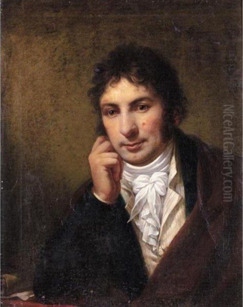 Portrait Of A Gentleman, Half 
Length, Resting His Head On His Hand Wearing A Red Cloak, A Blue Jacket 
And A White Waistcoat And Cravat Oil Painting by Pietro Benvenuti