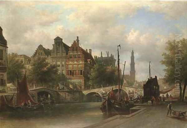 Canal scene, Amsterdam Oil Painting by Elias Pieter van Bommel