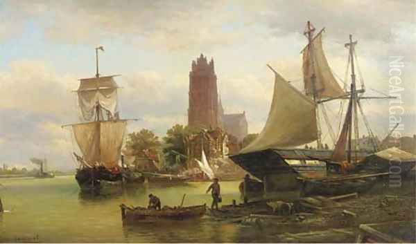 Moored sailing vessels at Dordrecht harbour Oil Painting by Elias Pieter van Bommel