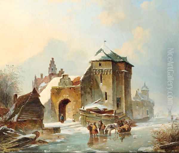 Skaters by a fortified mansion Oil Painting by Elias Pieter van Bommel