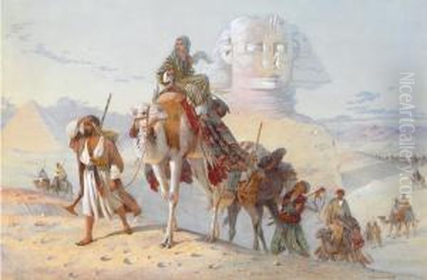 A Caravan With The Pyramids And Sphinx Beyond Oil Painting by Joseph-Austin Benwell