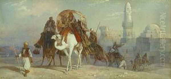 A Camel Train Leaving Luxor, Egypt Oil Painting by Joseph-Austin Benwell