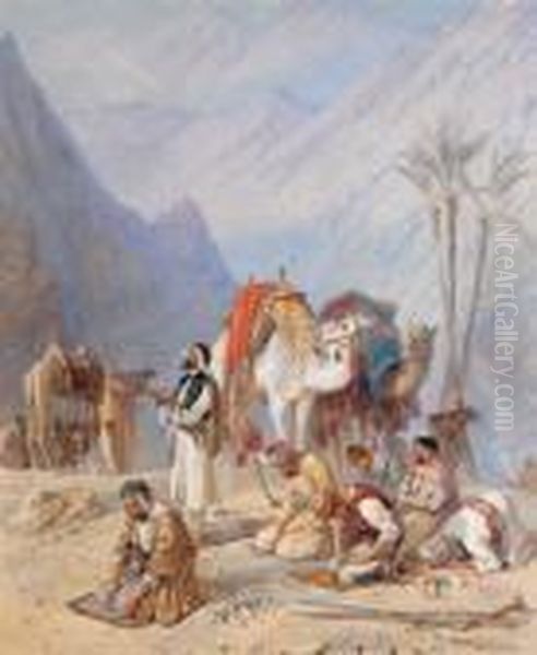 Halt For Prayer Under Mount Horeb Oil Painting by Joseph-Austin Benwell