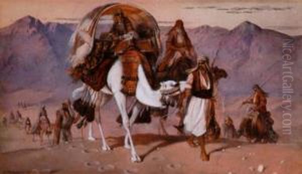 Camel Train In The Desert Oil Painting by Joseph-Austin Benwell