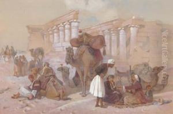 Arabs With Their Camels By Temple Ruins Oil Painting by Joseph-Austin Benwell