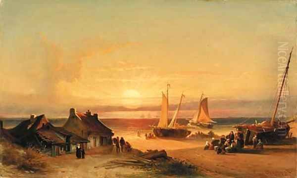 Fishing village at sunrise Oil Painting by Elias Pieter van Bommel