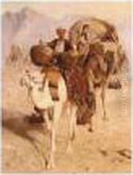 A Caravan Of Camels Crossing The Desert, Mountains Beyond Oil Painting by Joseph-Austin Benwell