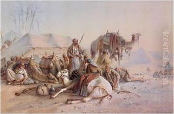 Halt In The Desert Near The Pyramids Oil Painting by Joseph-Austin Benwell