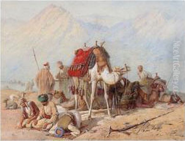 Arabs Praying In The Desert With A Caravan Of Camels Beyond Oil Painting by Joseph-Austin Benwell