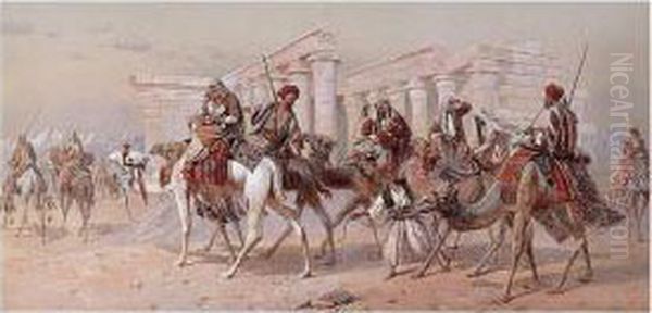 A Caravan Of Camels By Ruins In The Desert Oil Painting by Joseph-Austin Benwell