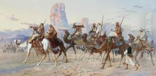 Caravan Passing The Statues Of Mermon In The Plain Of Thebes Oil Painting by Joseph-Austin Benwell