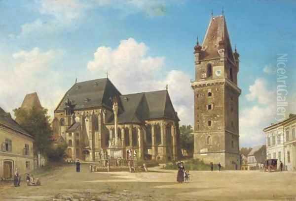 Rathhaus Perchtoldsdorf bei Wien figures on a square by a townhall, Austria Oil Painting by Elias Pieter van Bommel