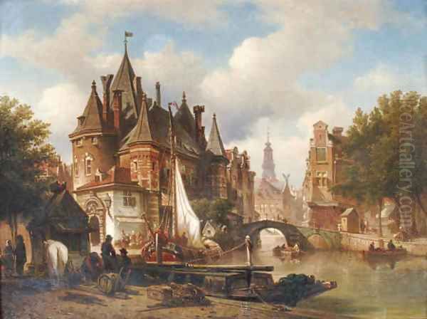 The Waag on the Nieuwmarkt with the Oude Kerk in the distance, Amsterdam Oil Painting by Elias Pieter van Bommel