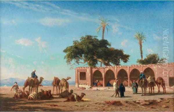 Le Repos De La Caravane A Siout, Egypte Oil Painting by Narcisse Berchere