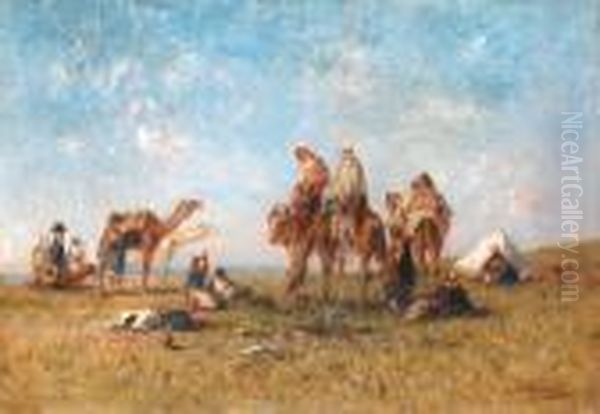 Cavaliers Et Meharis Au Campement Oil Painting by Narcisse Berchere