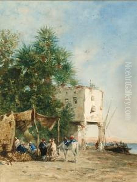 Maison Et Marchands Au Bord Du Nil Oil Painting by Narcisse Berchere