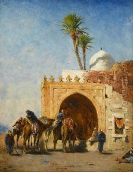 A Troop Of Camels Watering Oil Painting by Narcisse Berchere